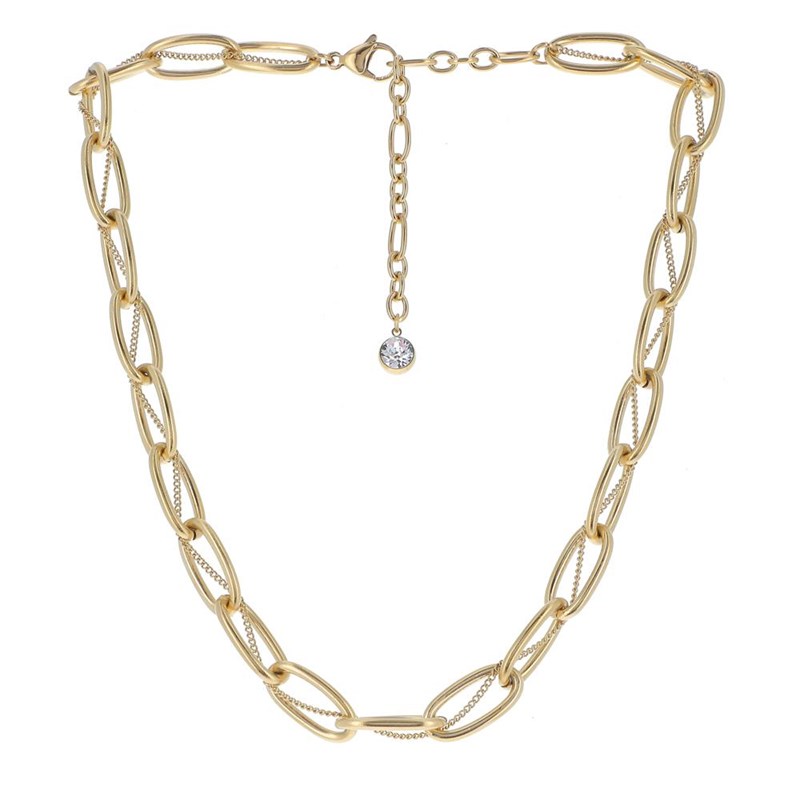 Collier en acier doré double chaîne en maille de différentes tailles, chaînette réglable, avec pierre Crystal Swarovski
