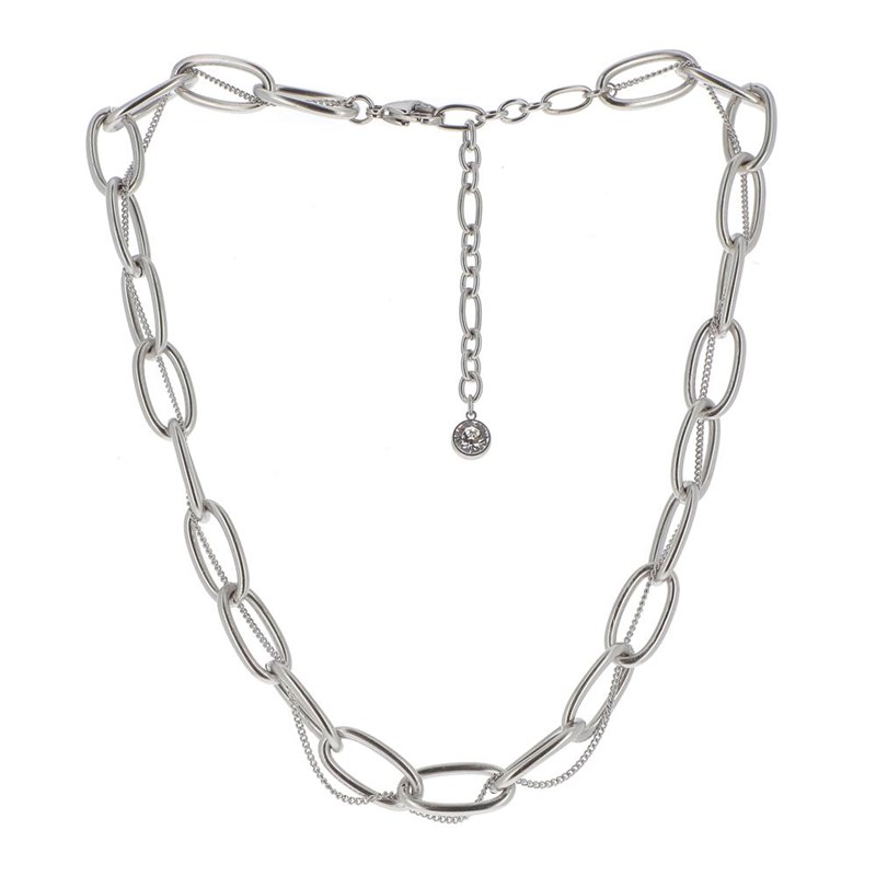 Collier en acier argenté double chaîne en maille de différentes tailles, chaînette réglable, avec pierre Crystal Swarovski