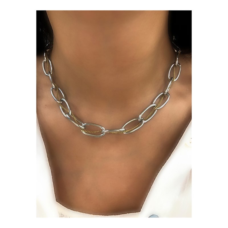 Collier en acier argenté double chaîne en maille de différentes tailles, chaînette réglable, avec pierre Crystal Swarovski - vue 3