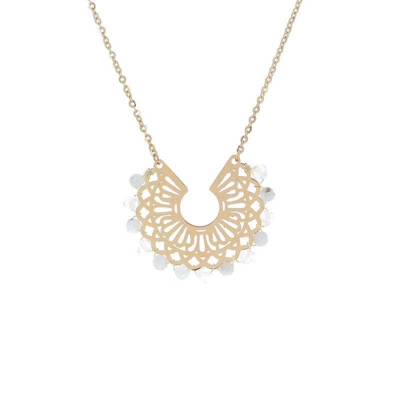 Collier en acier doré avec un pendentif en forme de rosace orné de perles naturelles Agate blanc, chaînette réglable - vue 2