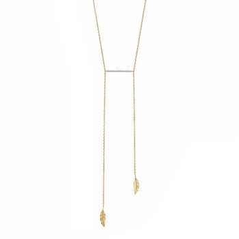 Ketting 2 bungelende veren bar bezet met zirkoniumoxide Verguld 750 3 micron 2 tinten