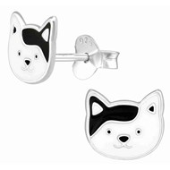 Boucle d'oreille chat blanc et noir en argent 925/1000