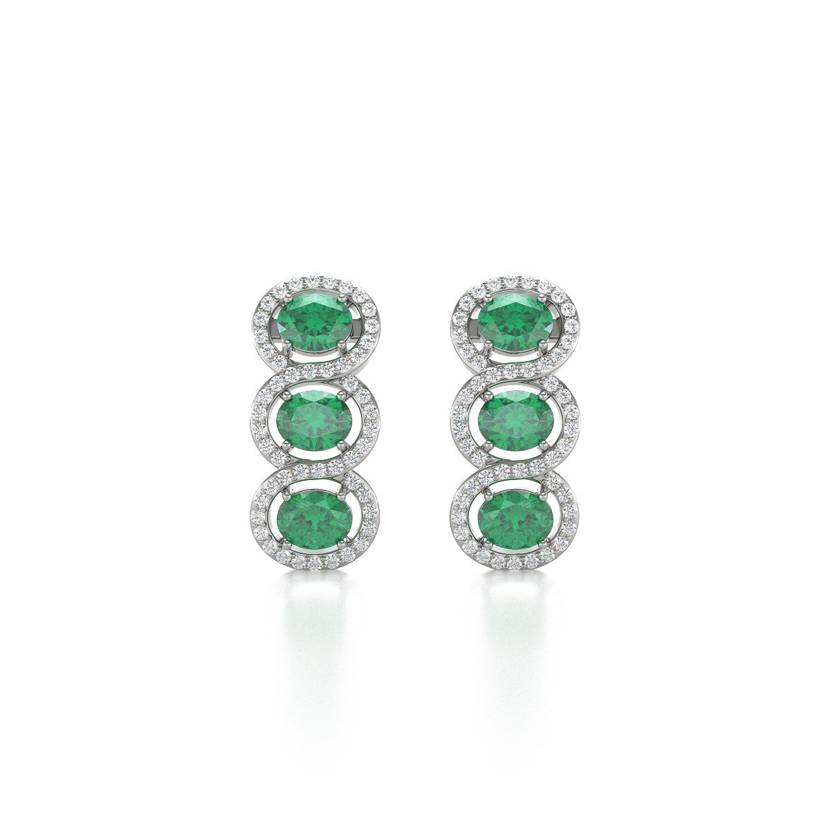 Boucles d'oreilles ADEN Or 585 Blanc Emeraude forme Ovale et Diamants 4.55grs