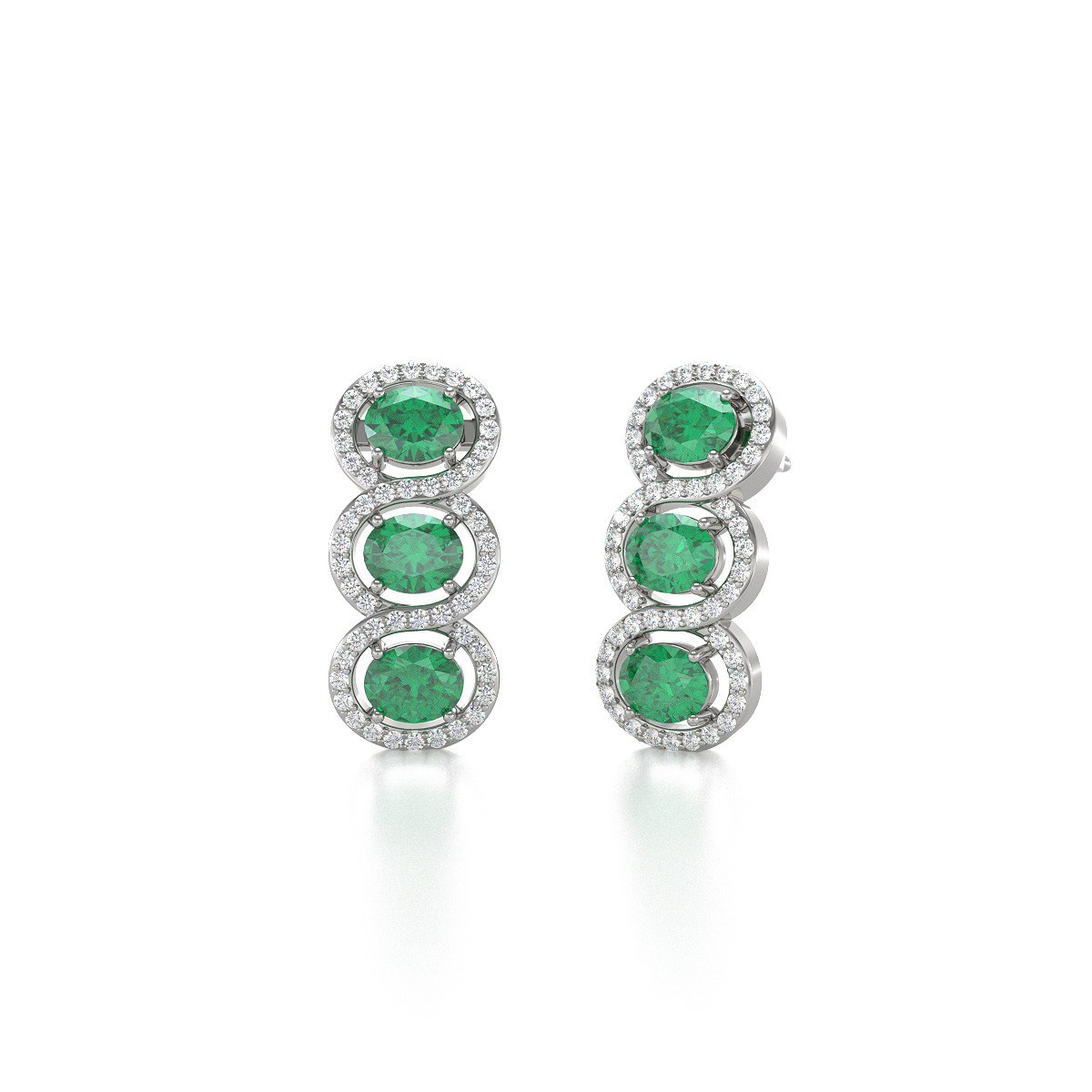 Boucles d'oreilles ADEN Or 585 Blanc Emeraude forme Ovale et Diamants 4.55grs - vue 3