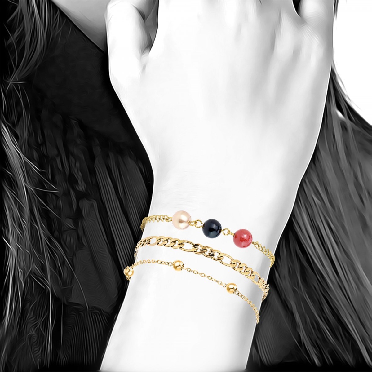 Lot de 3 bracelets SC Bohème en Laiton Finement doré orné de perles scintillantes - vue 3