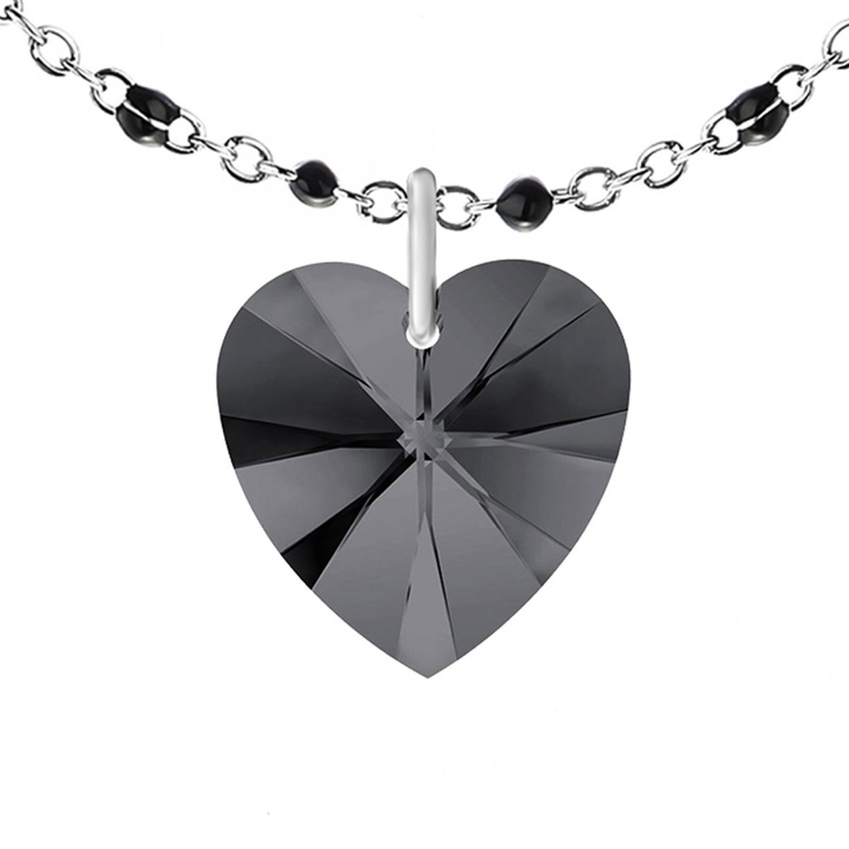 Collier coeur perles noires orné d'un Cristal scintillants SC Crystal en Acier Rhodié argenté