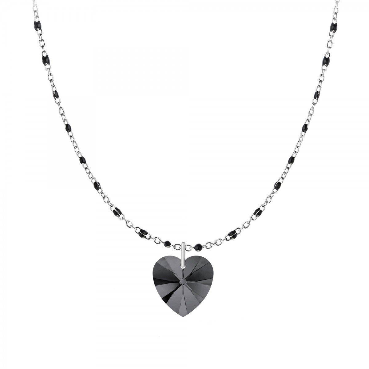 Collier coeur perles noires orné d'un Cristal scintillants SC Crystal en Acier Rhodié argenté - vue 3