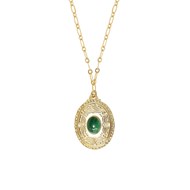 Sautoir médaillon ovale pierre naturelle Agate verte doré à  l'or fin 24K THAÏS