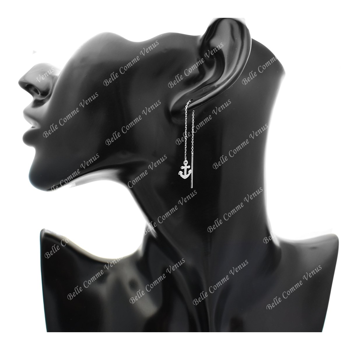Boucles d'oreilles ancre marine traversantes chaînes pendantes Argent 925 Rhodié - vue 3