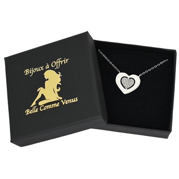 Heart necklace openworked with another heart set with zirconium oxide 925 Rhodium-plated silver