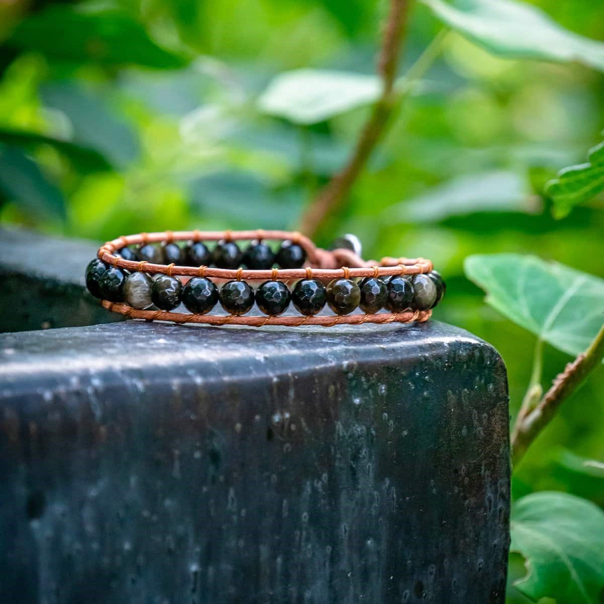 Bracelet Facelia en pierres naturelles Obsidienne et cuir véritable - vue 3