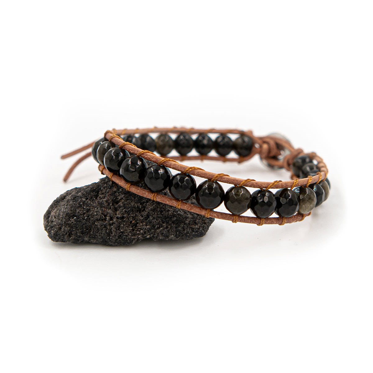Bracelet Facelia en pierres naturelles Obsidienne et cuir véritable - vue 4