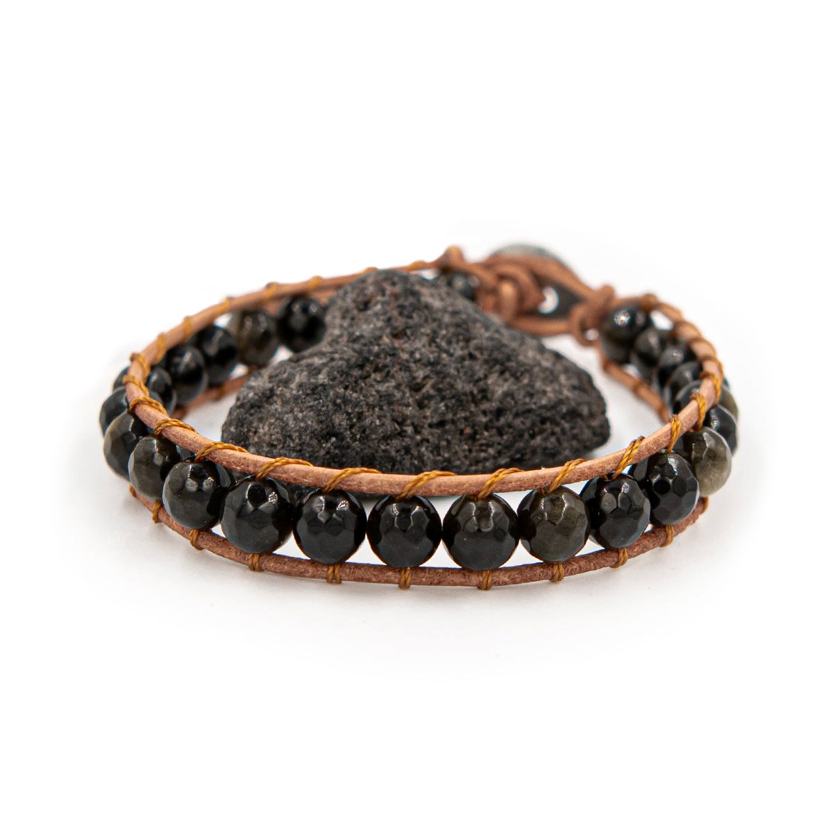 Bracelet Facelia en pierres naturelles Obsidienne et cuir véritable - vue 5