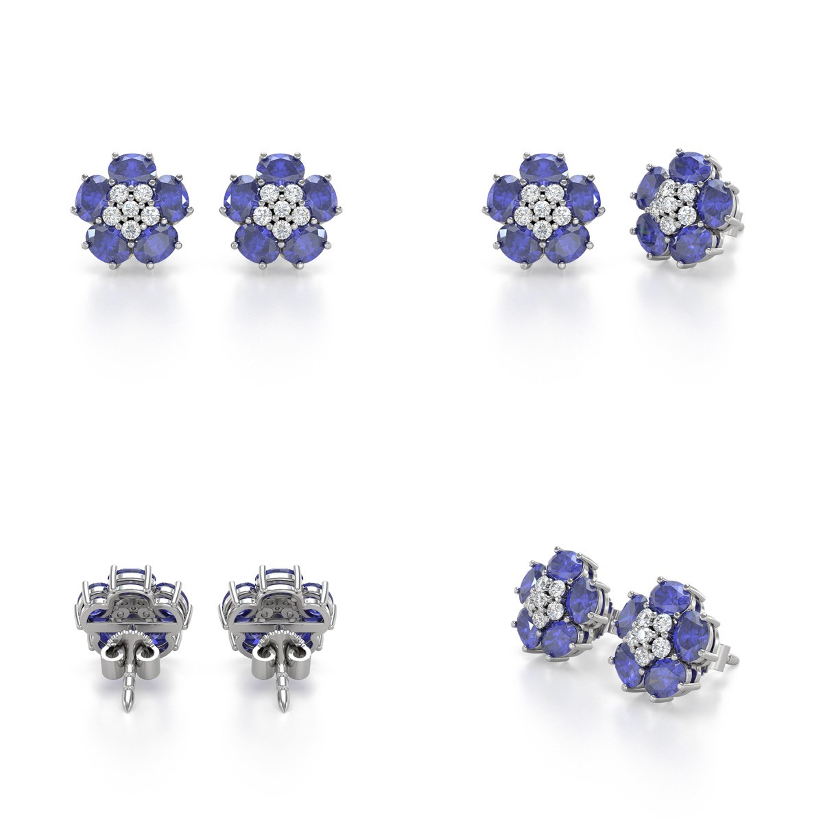 Boucles d'oreilles ADEN Tanzanite Fleur et Diamants sur Argent 925 2.86grs - vue 2