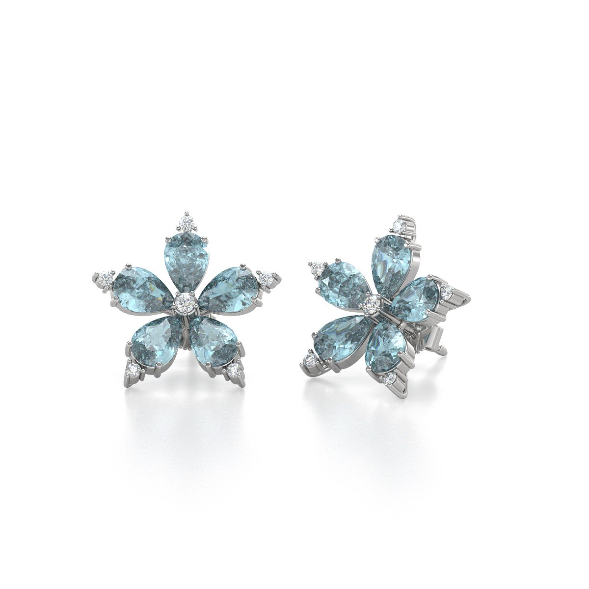 Boucles d'oreilles ADEN Fleur Aigue-Marine et Diamants sur Argent 925 4.52grs - vue 3