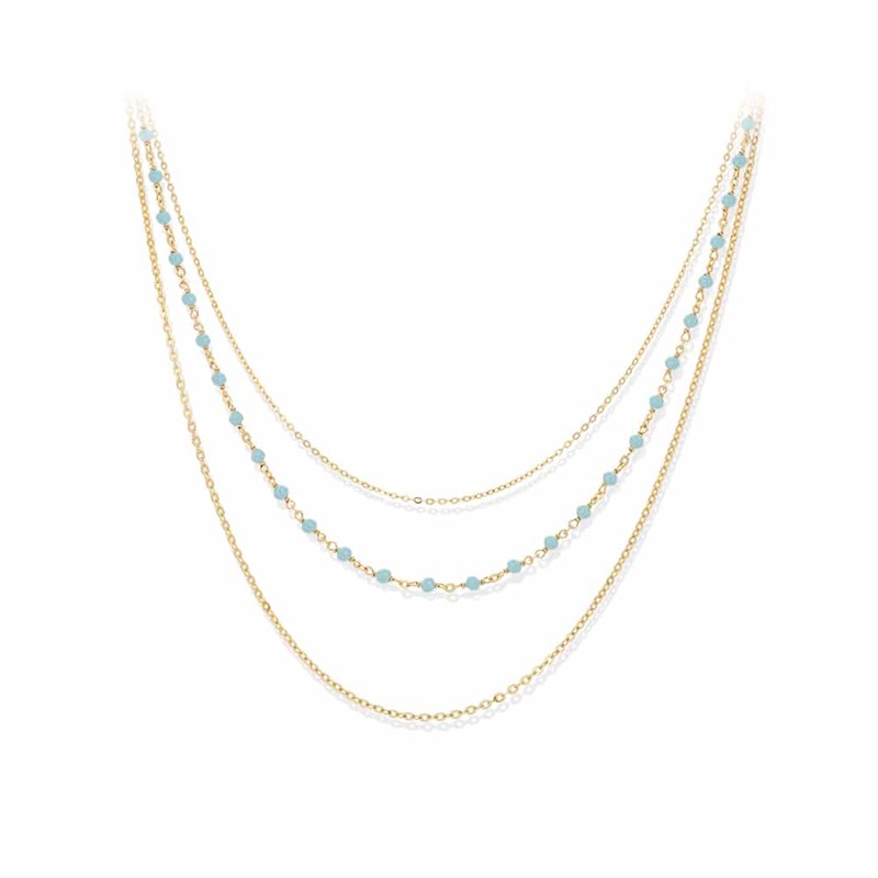 Collier Argent Doré Triple Rang Petite Perles Turquoise