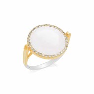 Bague Disque Argent Doré Pierre Blanche Serti Blanc