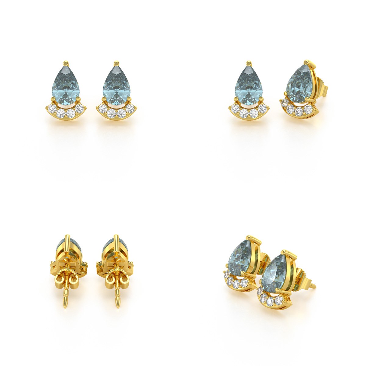 Boucles d'oreilles ADEN Or 585 Jaune Aigue-Marine forme Poire et Diamants 1.4grs - vue 4