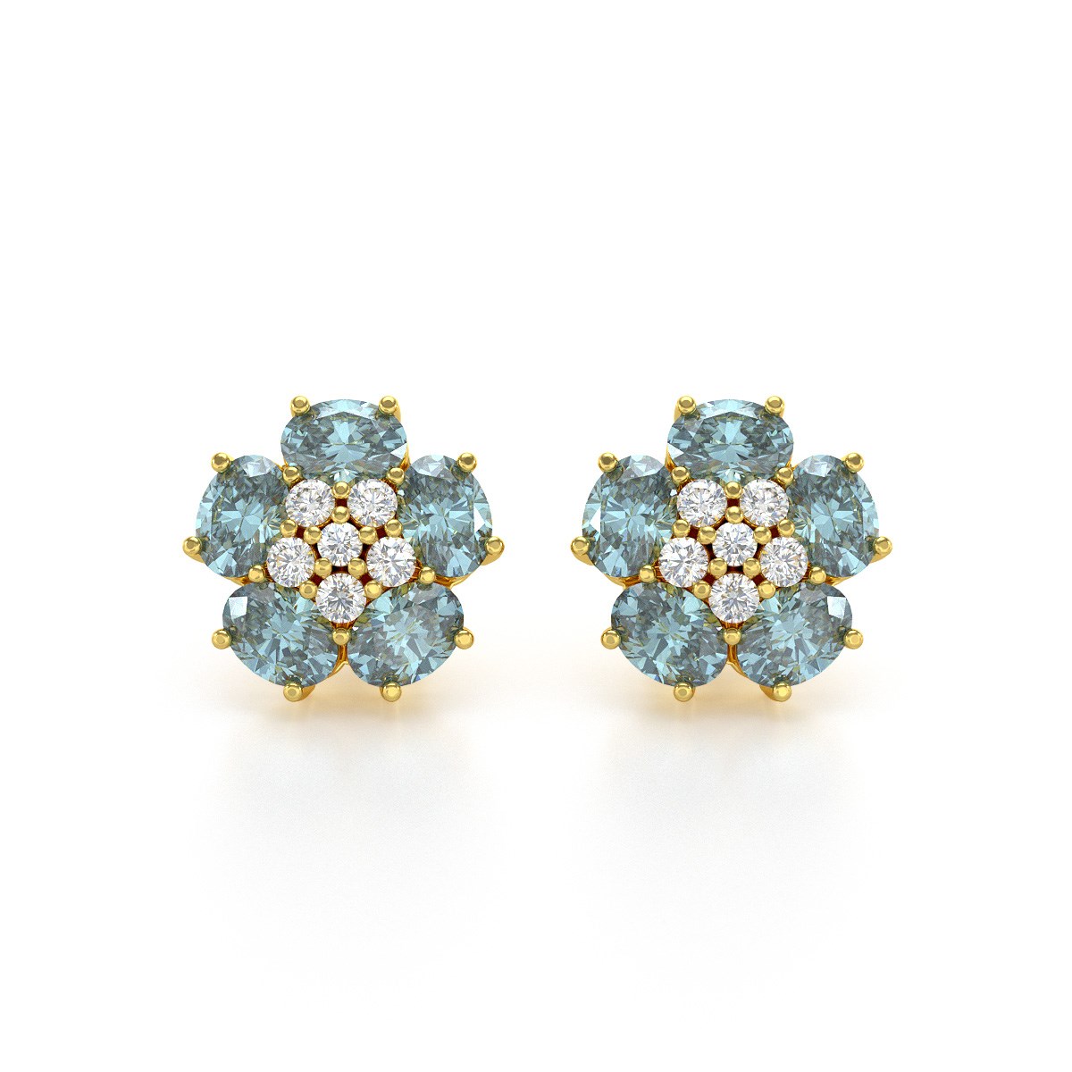 Boucles d'oreilles ADEN Or 585 Jaune Aigue-Marine Fleur et Diamants 2.86grs