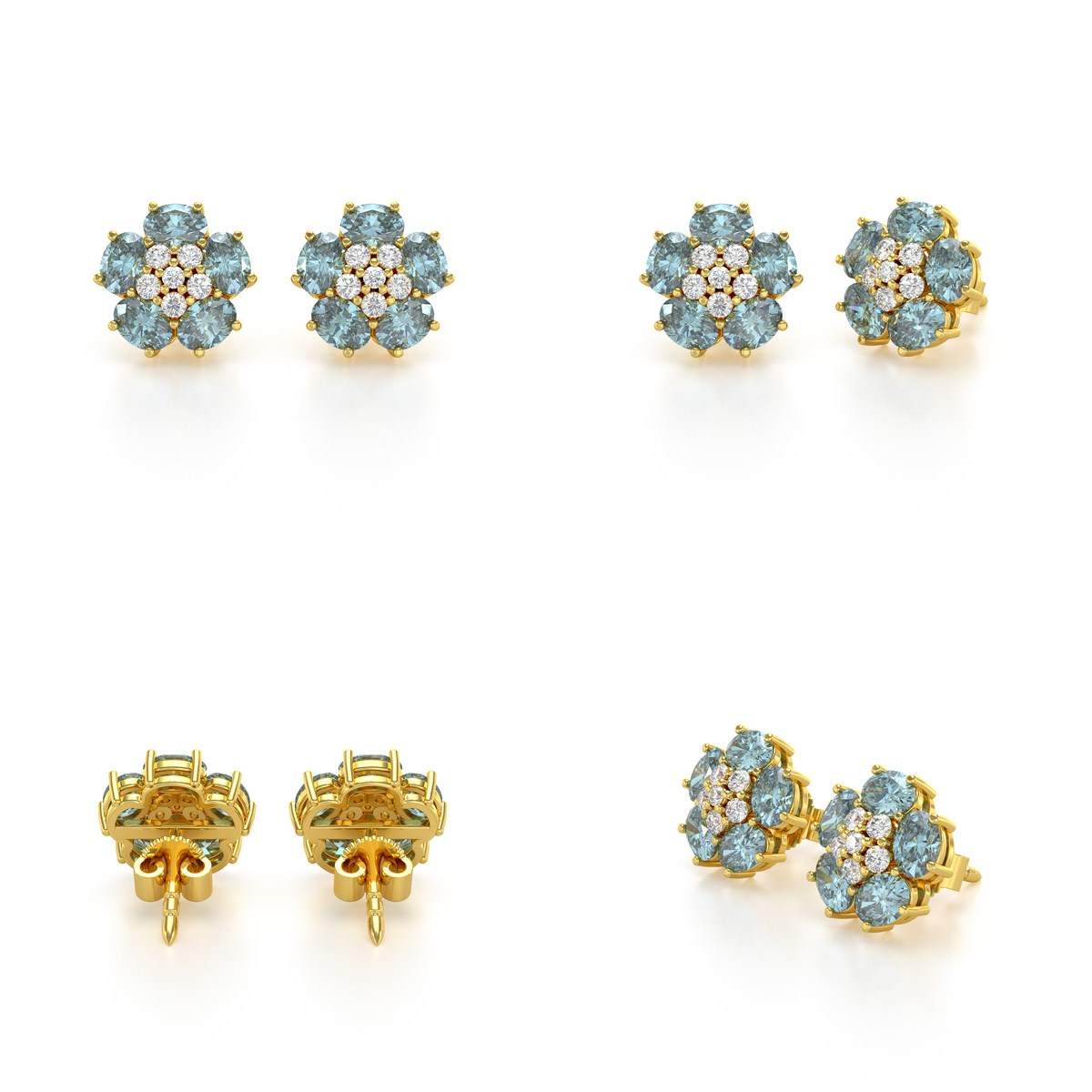 Boucles d'oreilles ADEN Or 585 Jaune Aigue-Marine Fleur et Diamants 2.86grs - vue 4