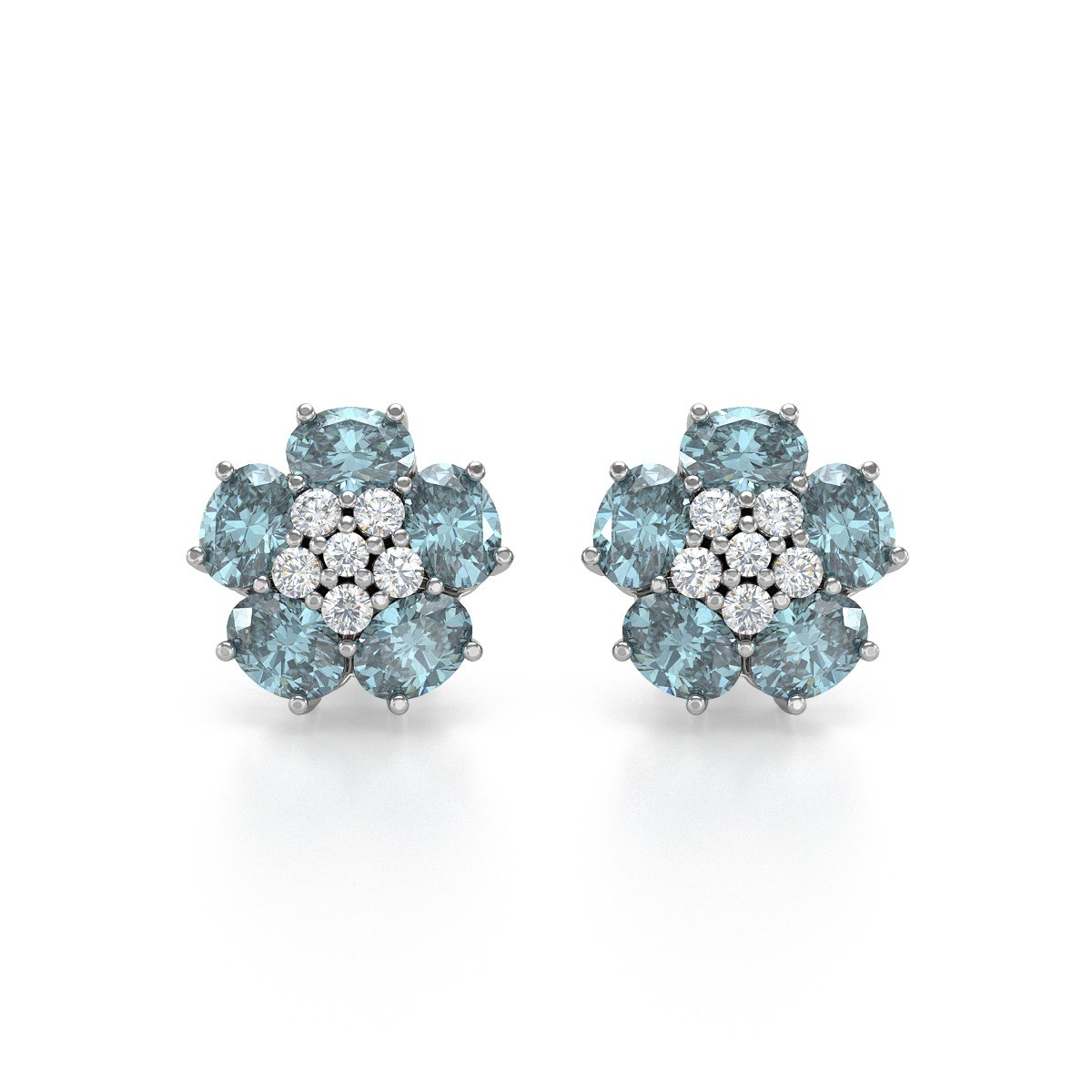 Boucles d'oreilles ADEN Or 585 Blanc Aigue-Marine Fleur et Diamants 2.86grs