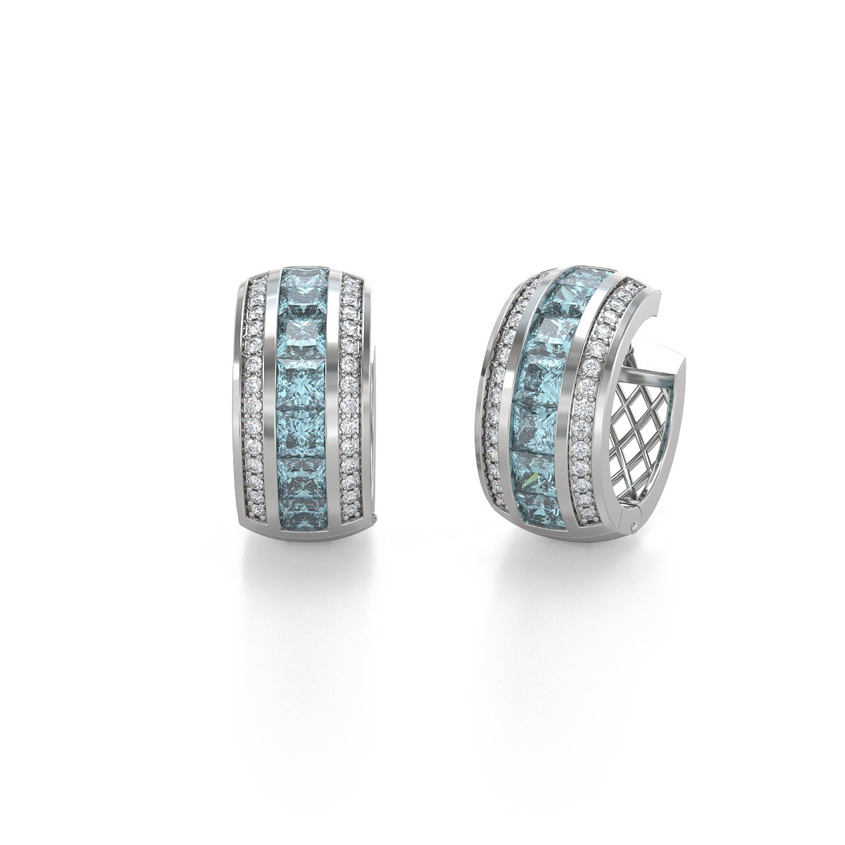 Boucles d'oreilles ADEN Or 585 Blanc Aigue-Marine et Diamants 7.35grs