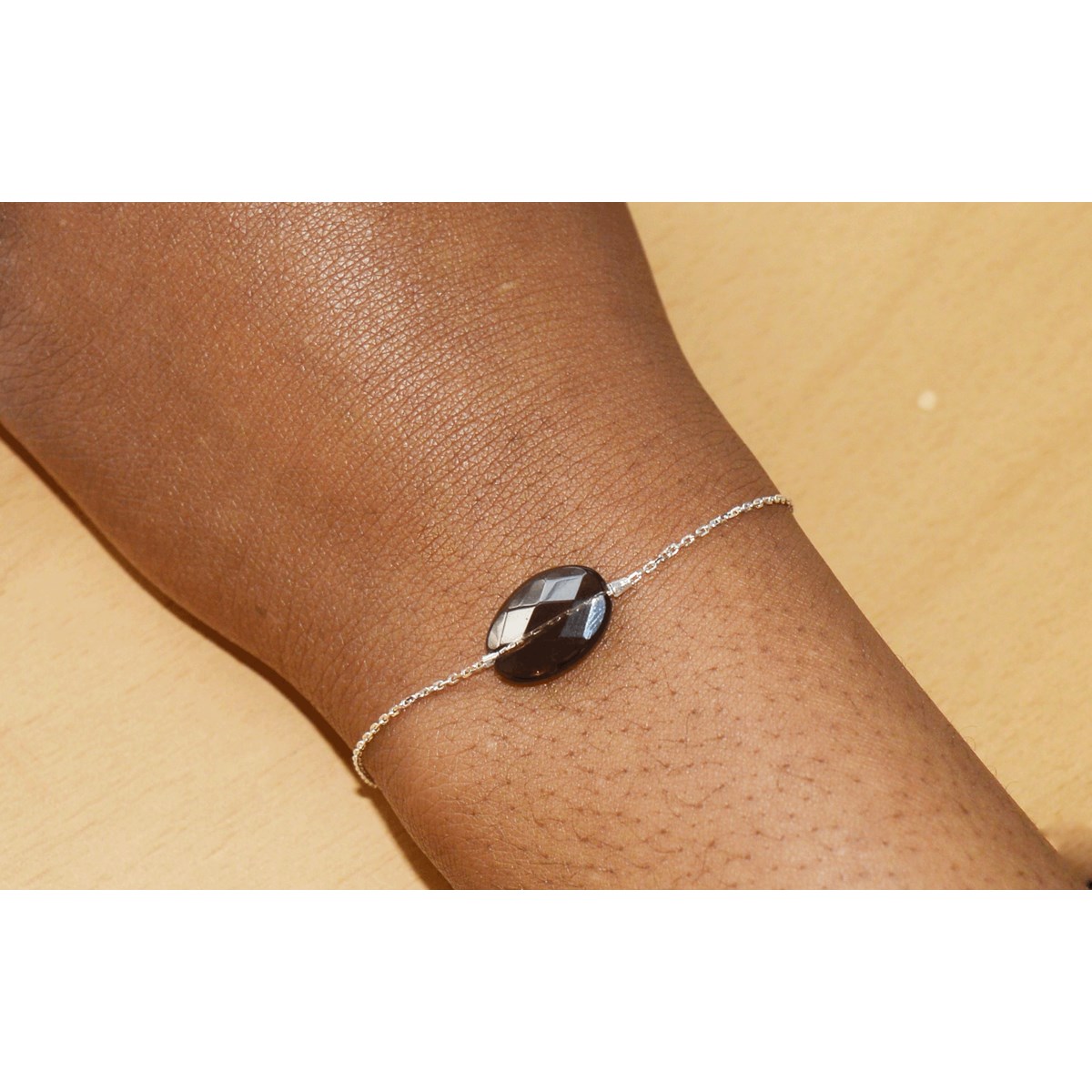 Bracelet chaînette & perle de quartz  fumé en argent 925 - vue 2