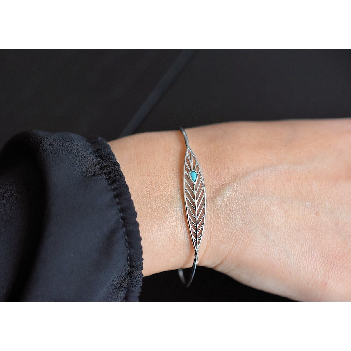 Bracelet jonc plume perle bleu turquoise Argent 925 Rhodié - vue 3
