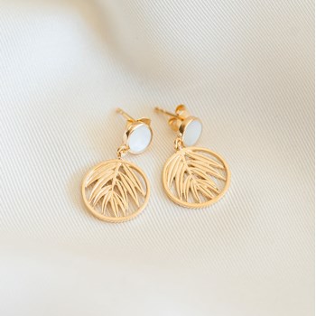 Boucles d'Oreilles Pendantes Nacre Plaqué Or Pierre Precieuse Blanche