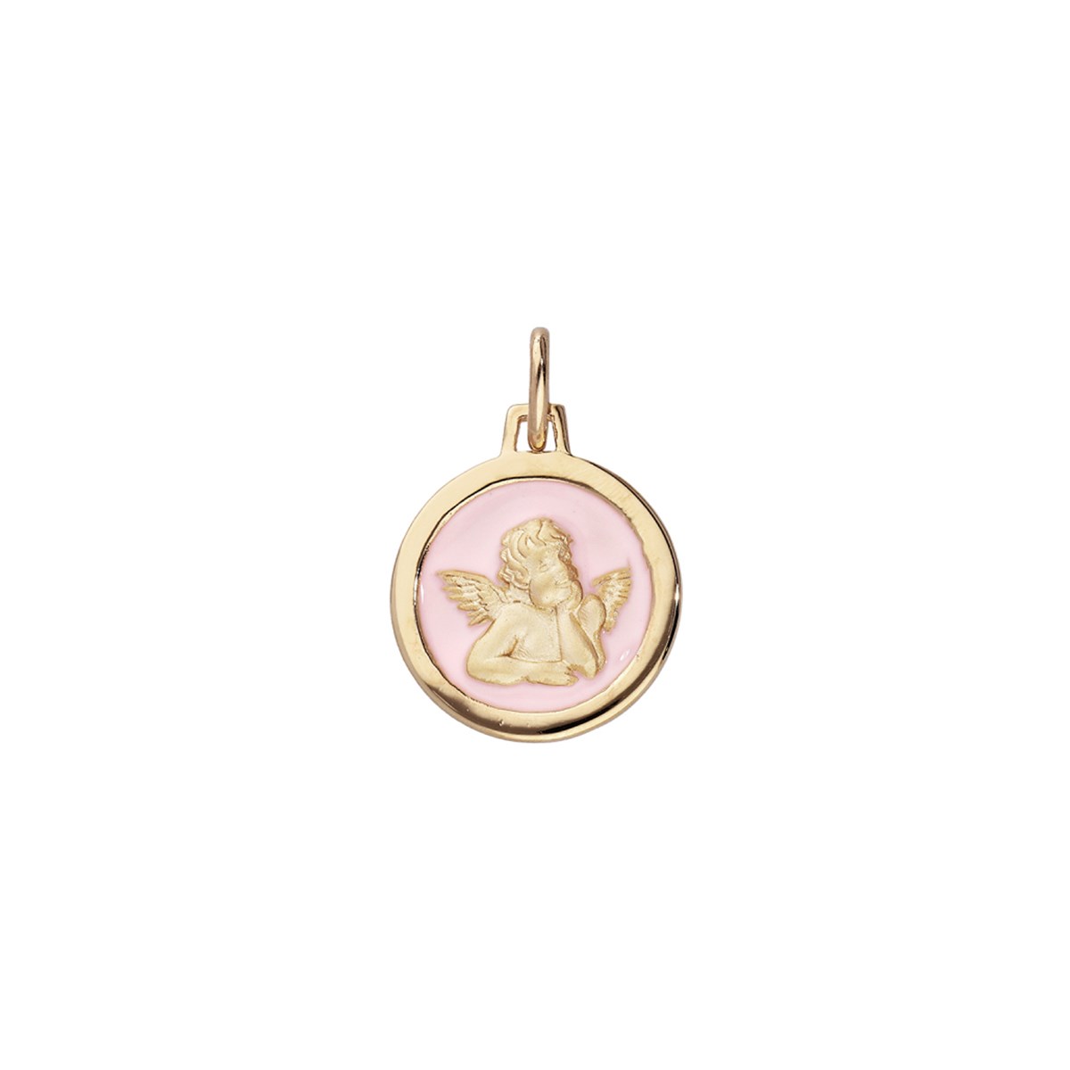 Médaille ronde Ange sur fond rose - Plaqué or
