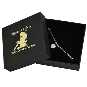 Enkelband ketting figaro steek hart bezet met zirkonium oxides Verguld 750 3 micron 2 tinten