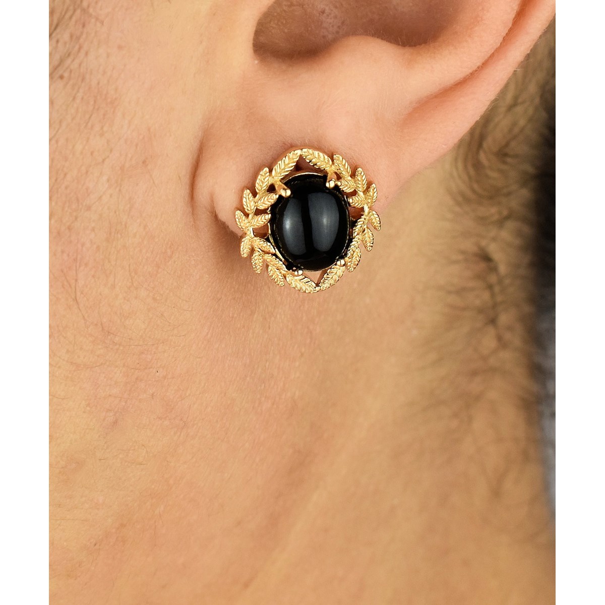 Boucles d'oreilles couronne de lauriers pierre naturelle Agate noire Plaqué or 750 3 microns - vue 2