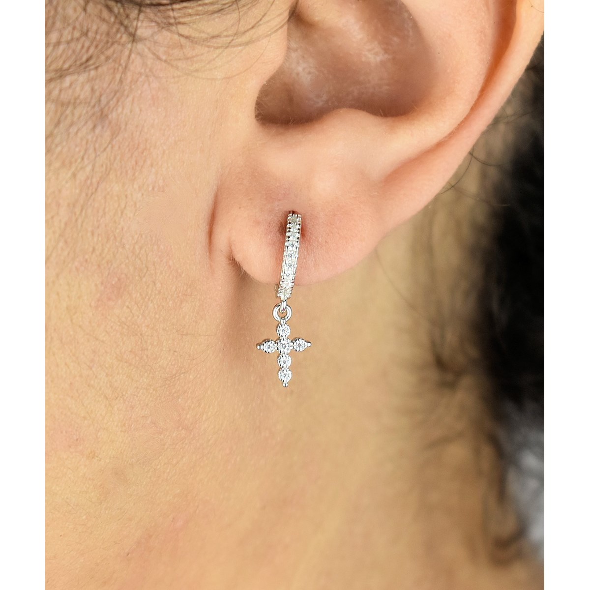 Boucles d'oreilles Mini Créoles croix oxyde de zirconium pendante Argent 925 Rhodié - vue 2