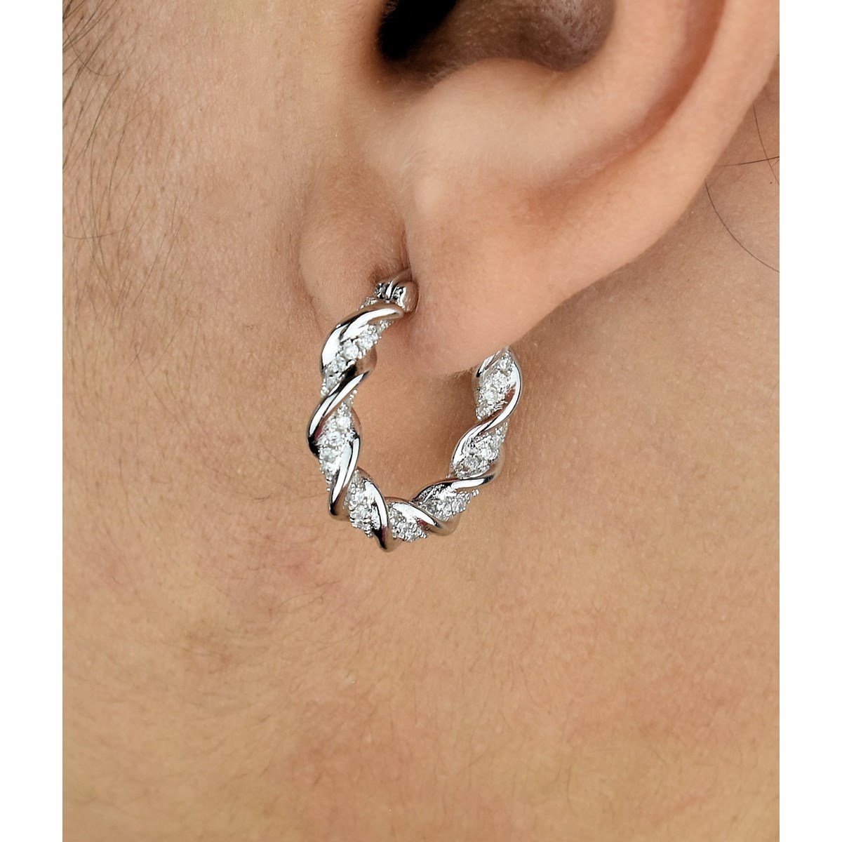 Boucles d'oreilles Créoles torsade d'oxyde de zirconium Argent 925 Rhodié - vue 2