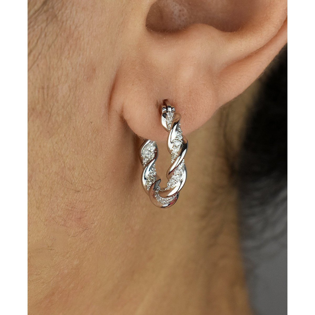 Boucles d'oreilles Créoles torsade d'oxyde de zirconium Argent 925 Rhodié - vue 3