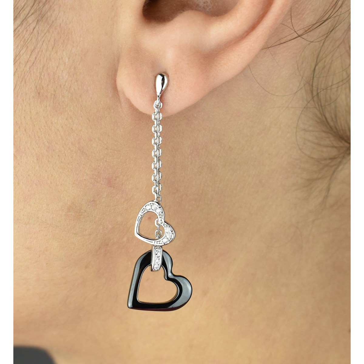 Boucles d'oreilles 2 coeurs oxyde de zirconium et céramique noire Argent 925 Rhodié - vue 2