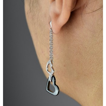 Earrings 2 hearts zirconium oxide and black ceramic 925 Rhodium Silver