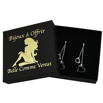 Earrings 2 hearts zirconium oxide and black ceramic 925 Rhodium Silver