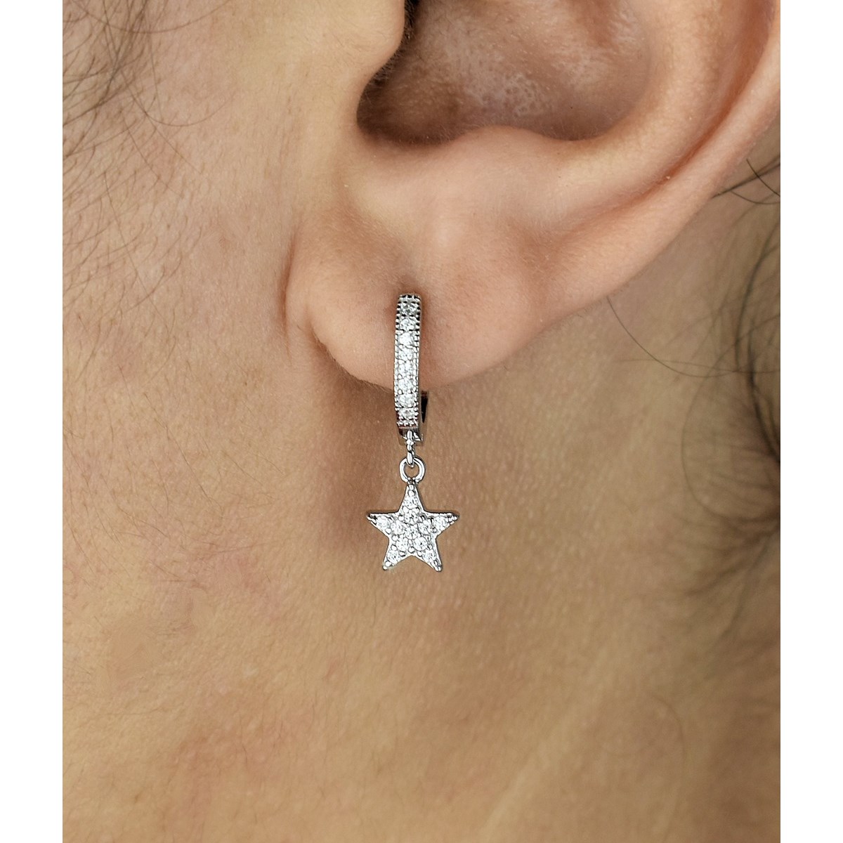 Boucles d'oreilles Mini Créoles étoile oxyde de zirconium pendante Argent 925 Rhodié - vue 2