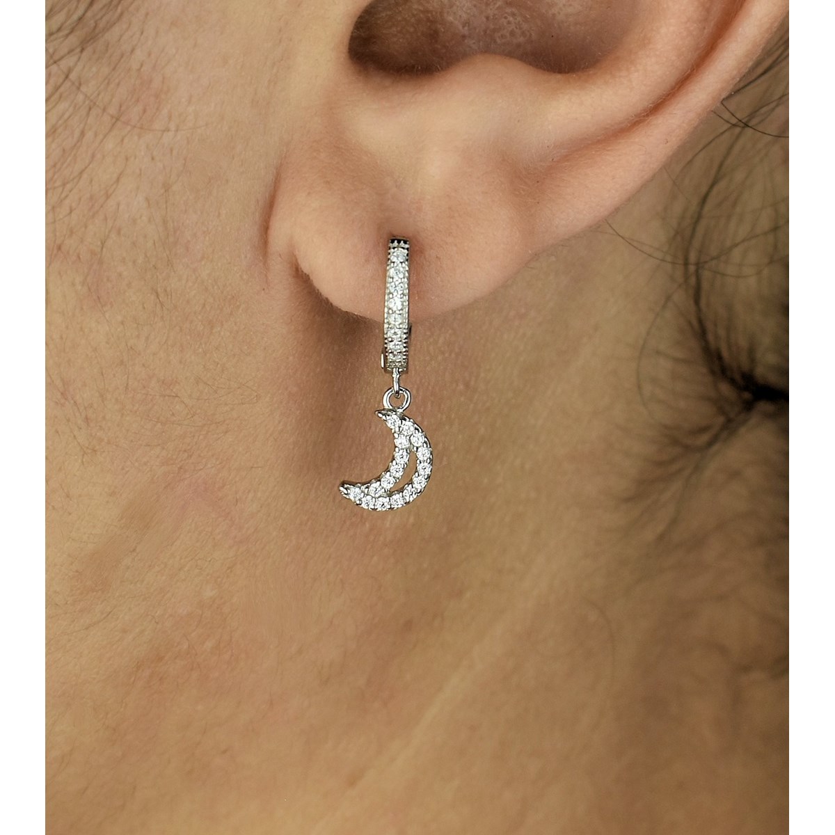 Boucles d'oreilles Mini Créoles lune oxyde de zirconium pendante Argent 925 Rhodié - vue 2