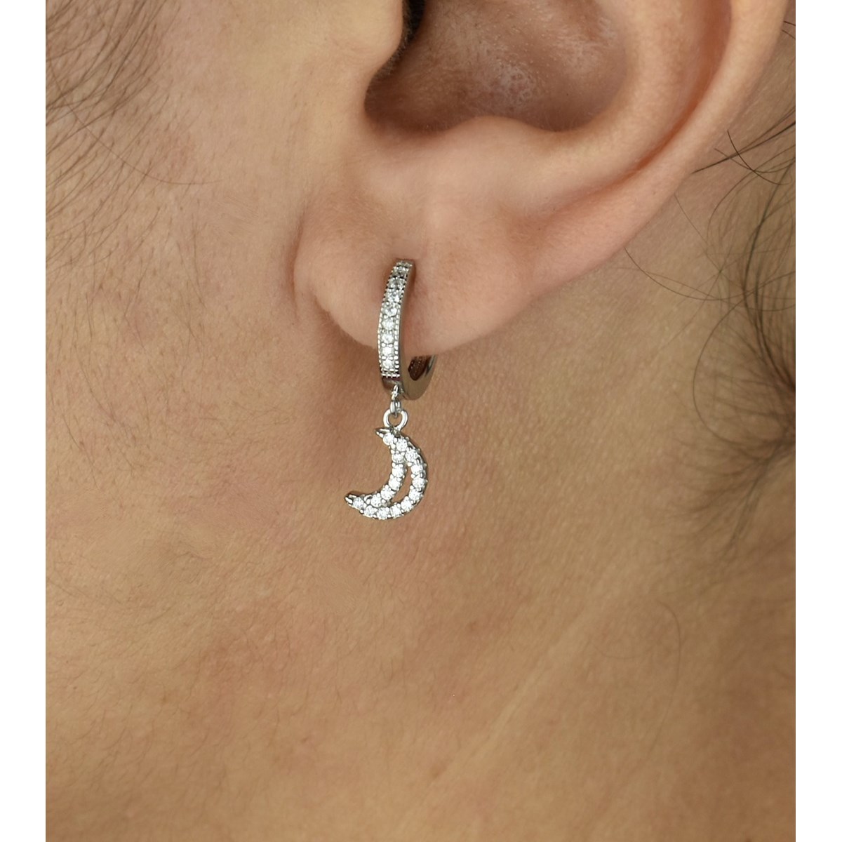 Boucles d'oreilles Mini Créoles lune oxyde de zirconium pendante Argent 925 Rhodié - vue 3