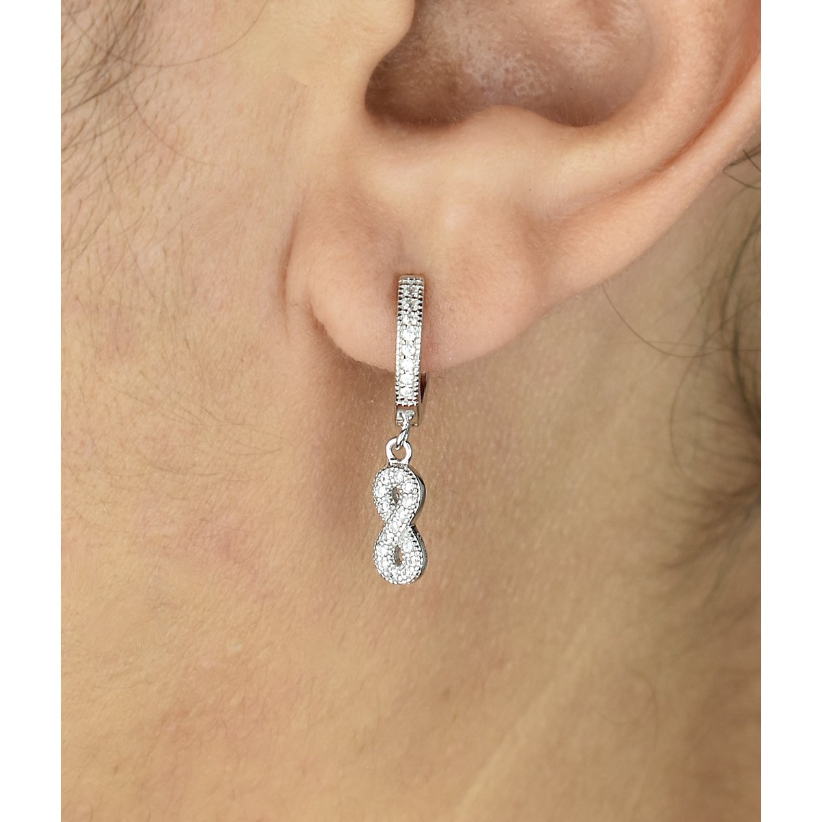Boucles d'oreilles Mini Créoles infini oxyde de zirconium pendant Argent 925 Rhodié - vue 2