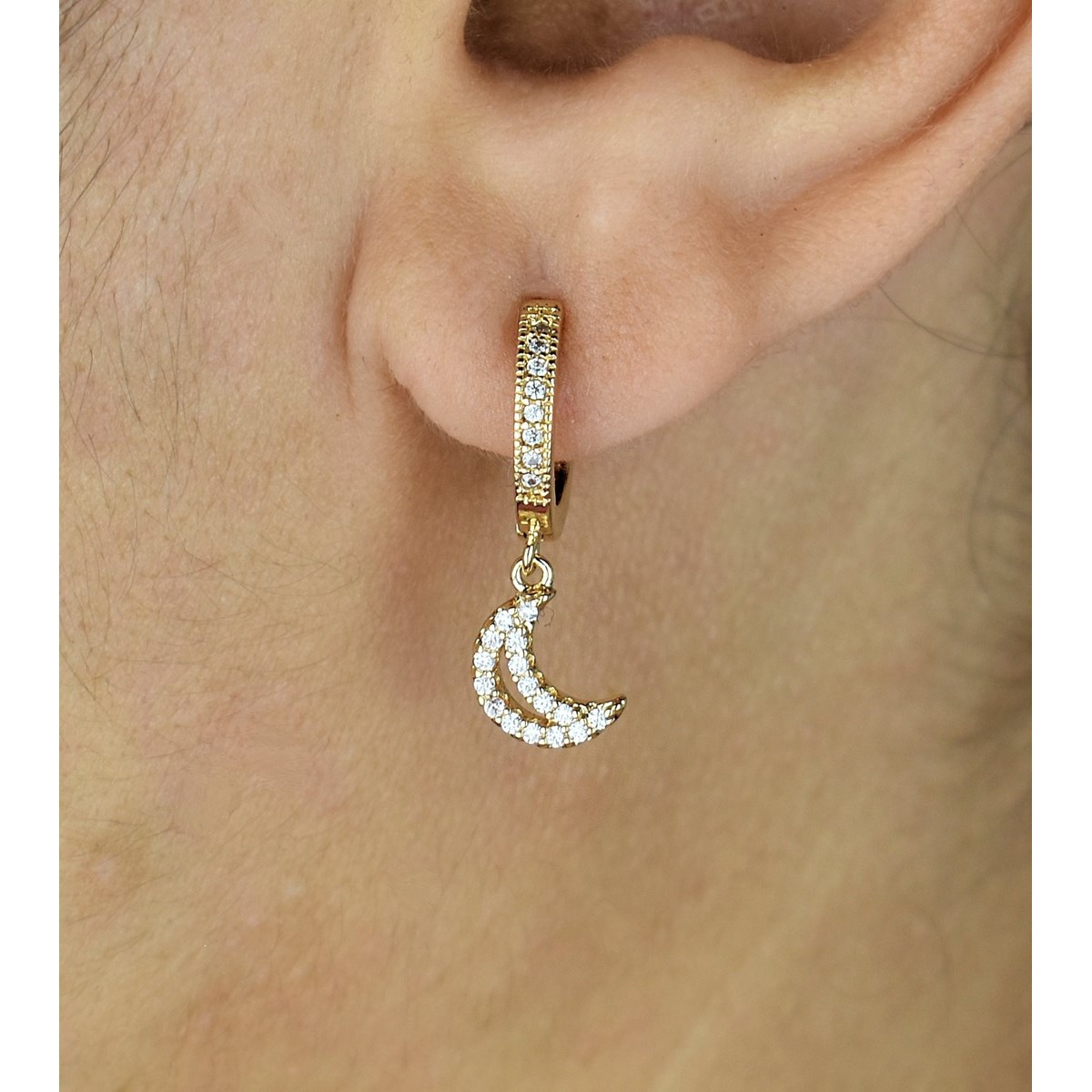 Boucles d'oreilles Mini Créoles lune oxyde de zirconium pendante Plaqué or 750 3 microns - vue 2