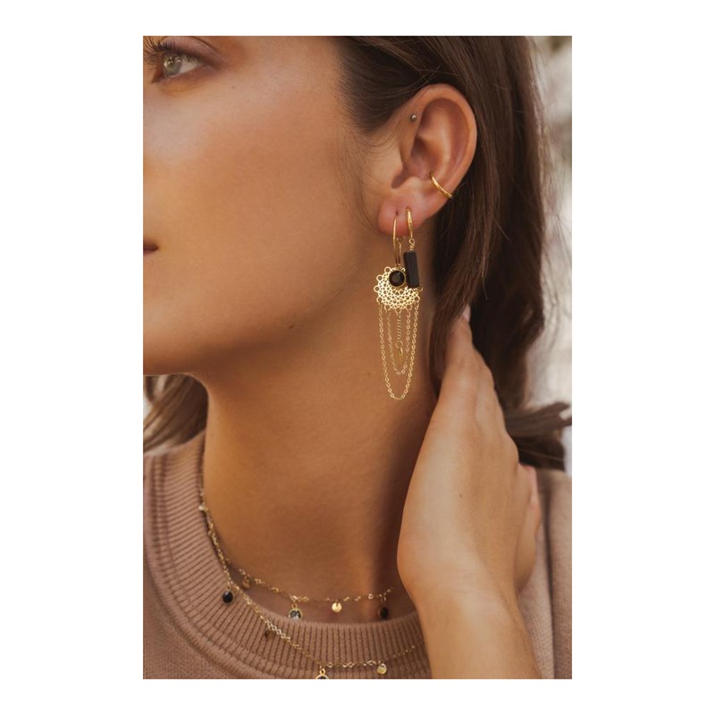 Boucles d'oreilles pendantes en acier dorées avec chaîne orné d'une pierre de crytal noire - vue 2