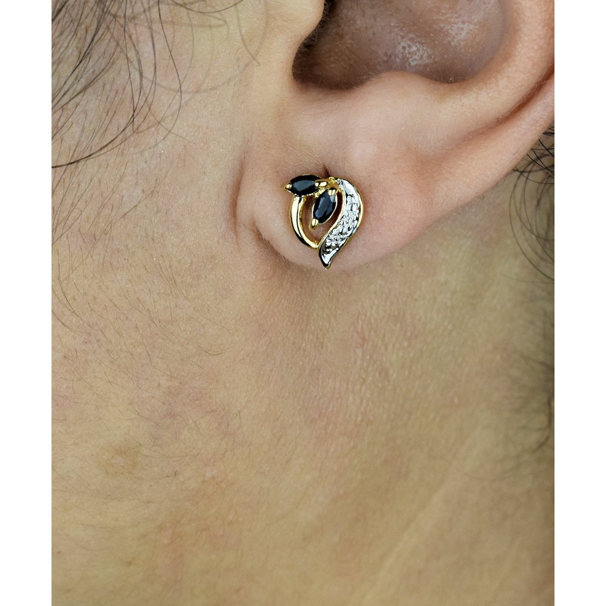 Boucles d'oreilles feuille de saphir pierre naturelle Plaqué OR 750 3 microns 2 tons - vue 2