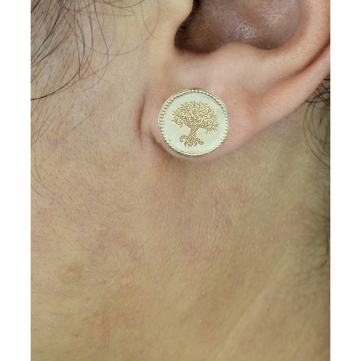 Boucles d'oreilles arbre de vie médaille ronde Plaqué OR 750 3 microns - vue 2