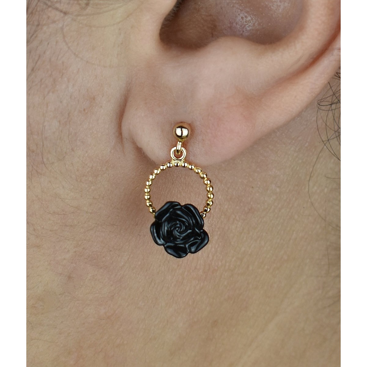 Boucles d'oreilles cercle de fleur rose en céramique noire Plaqué OR 750 3 microns - vue 2