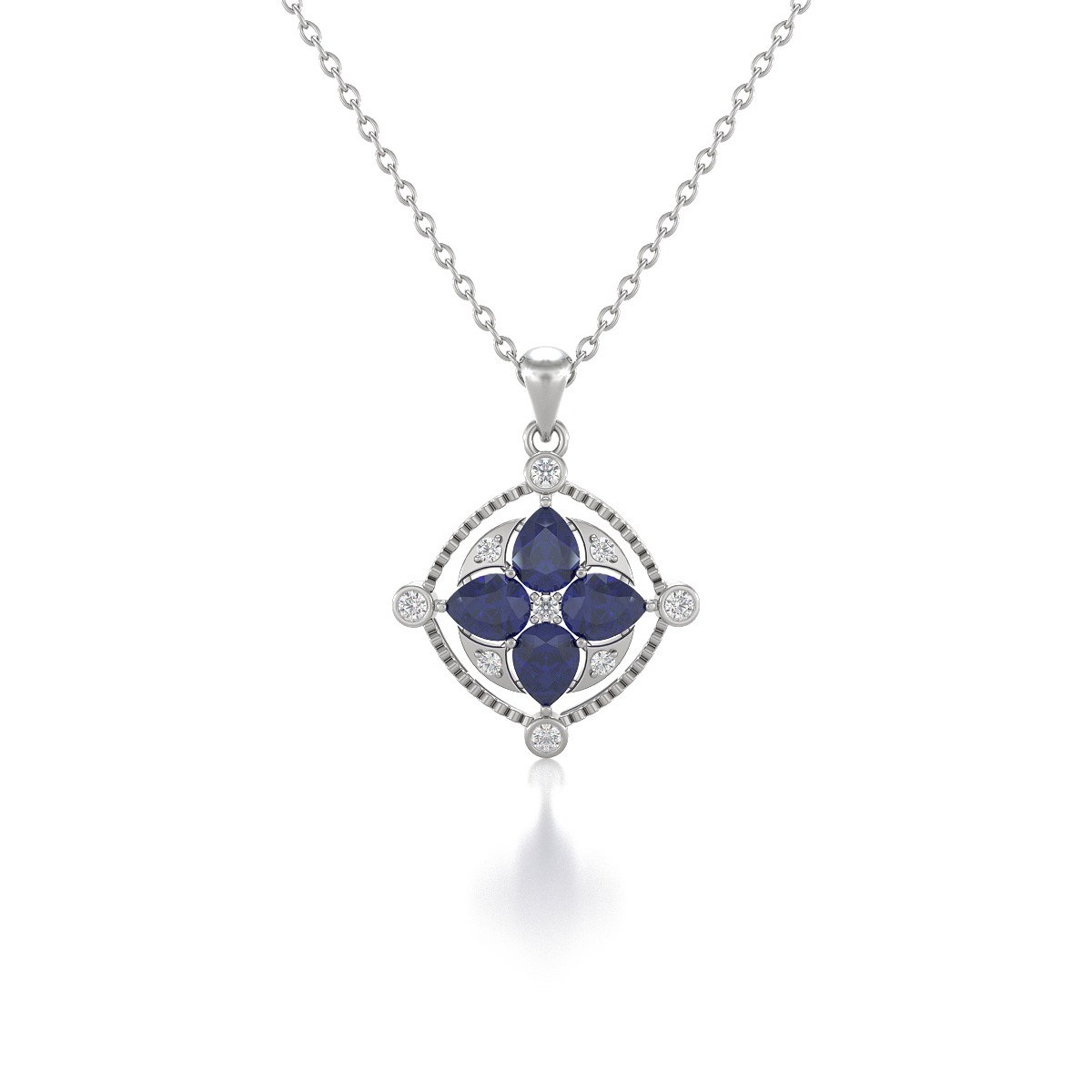 Médaillon Saphir & Diamants Or Blanc - Collier Fête des Mères Chaine Incluse | Aden