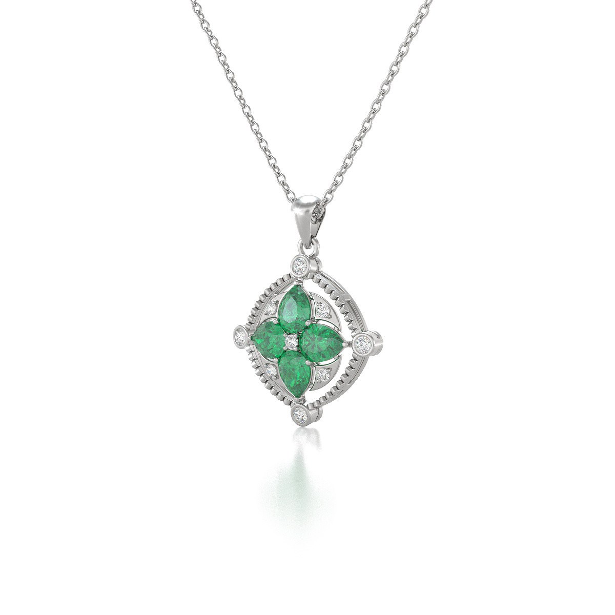 Collier Pendentif Or Blanc Médaillon Emeraude et Diamants - Bijou d'Exception pour un Anniversaire Inoubliable | Aden - vue 3