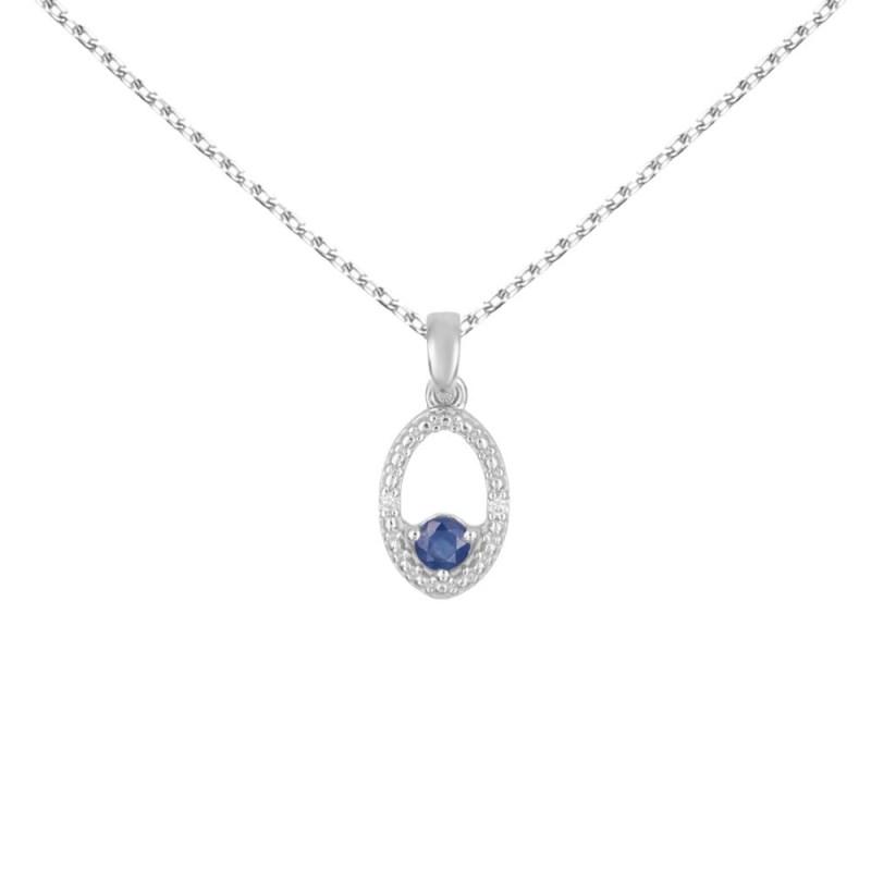Collier - Pendentif Or Blanc Diamants et Saphir Bleu - Chaine Argentée - Femme